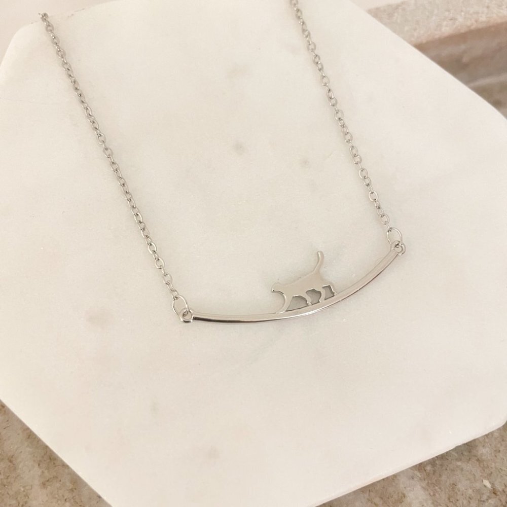 925 Sterling Silver Cat Bar Necklace Curve Bar Necklace Dainty Kitty Necklace - Picture 4 of 8